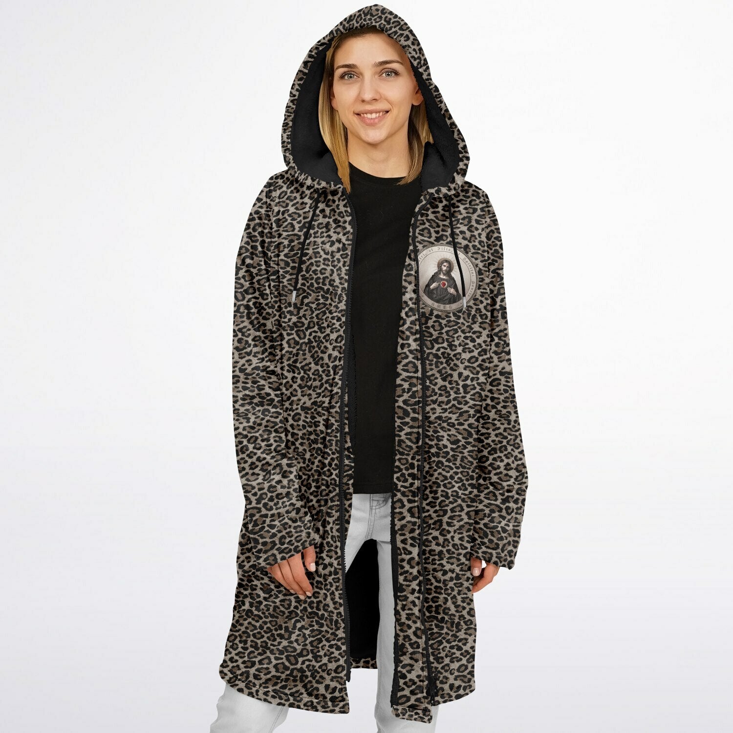 Sacred Heart of Jesus Zipper Microfleece Cloak (Bold Leopard) - VENXARA®