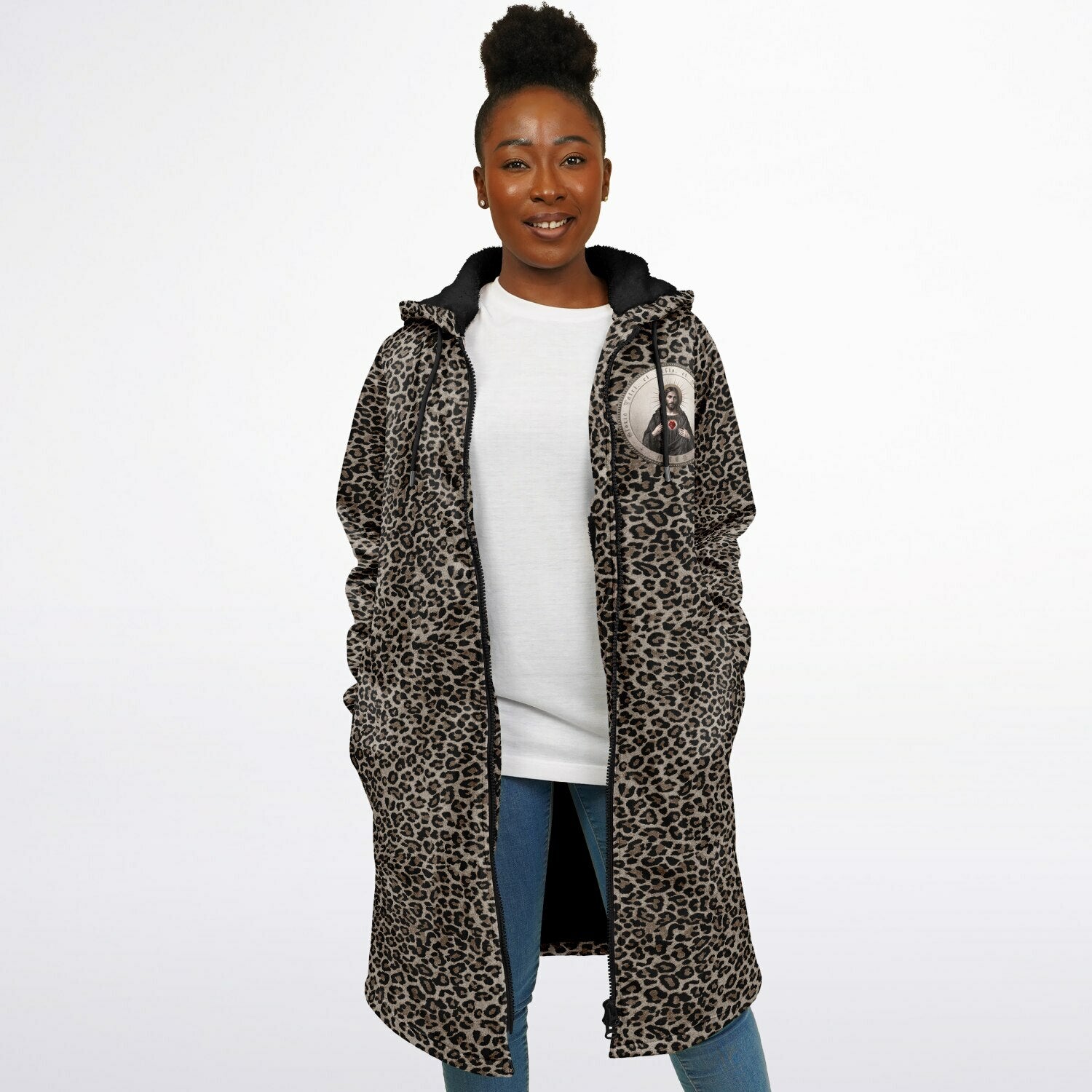 Sacred Heart of Jesus Zipper Microfleece Cloak (Bold Leopard) - VENXARA®