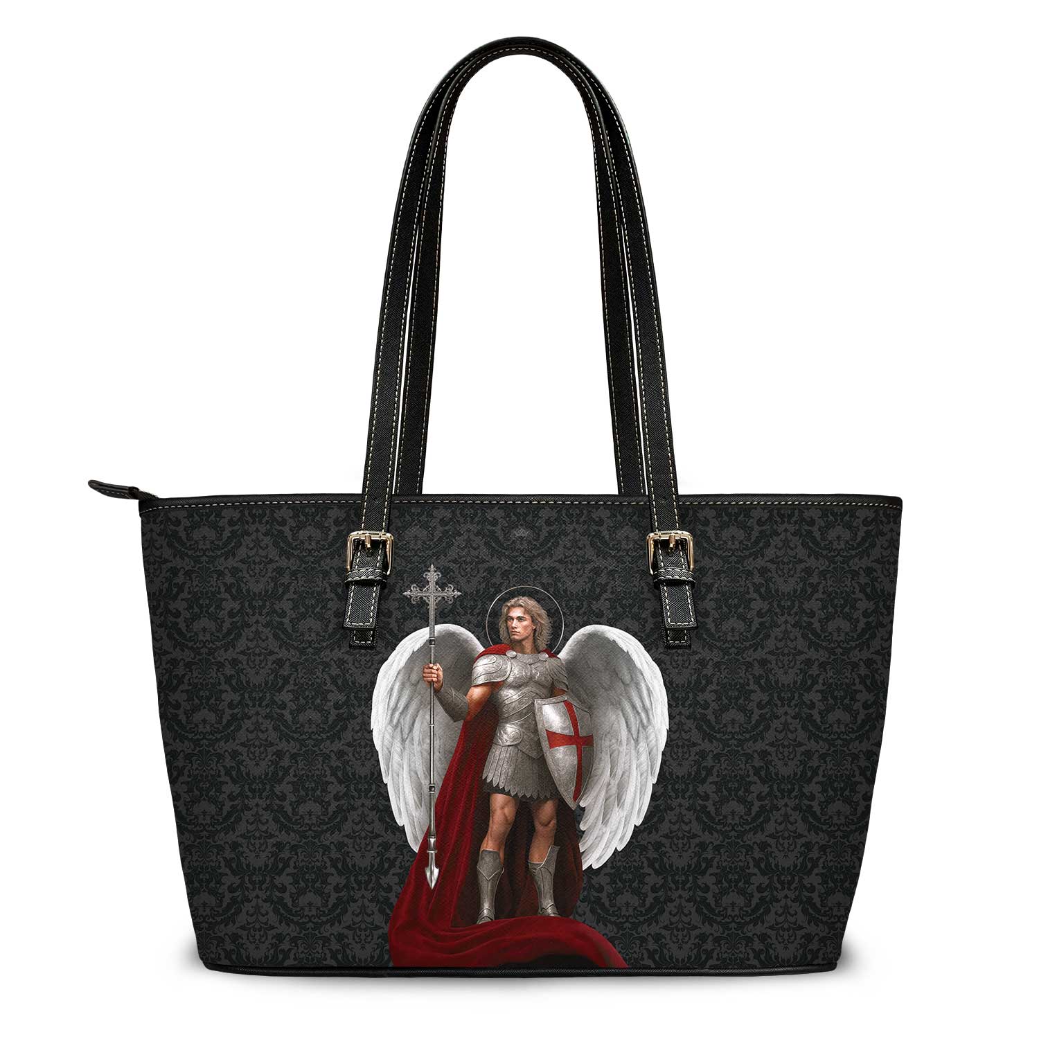 St. Michael the Archangel Victorious Tote Bag (Black Damask) - VENXARA®