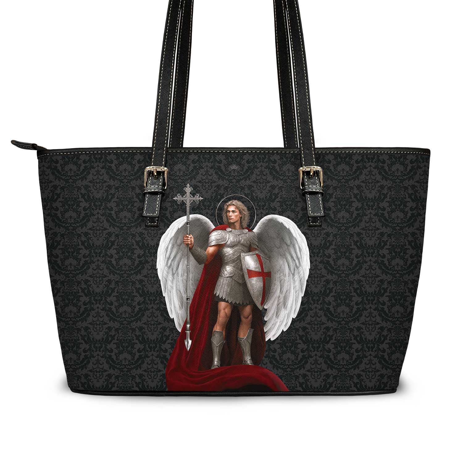 St. Michael the Archangel Victorious Tote Bag (Black Damask) - VENXARA®