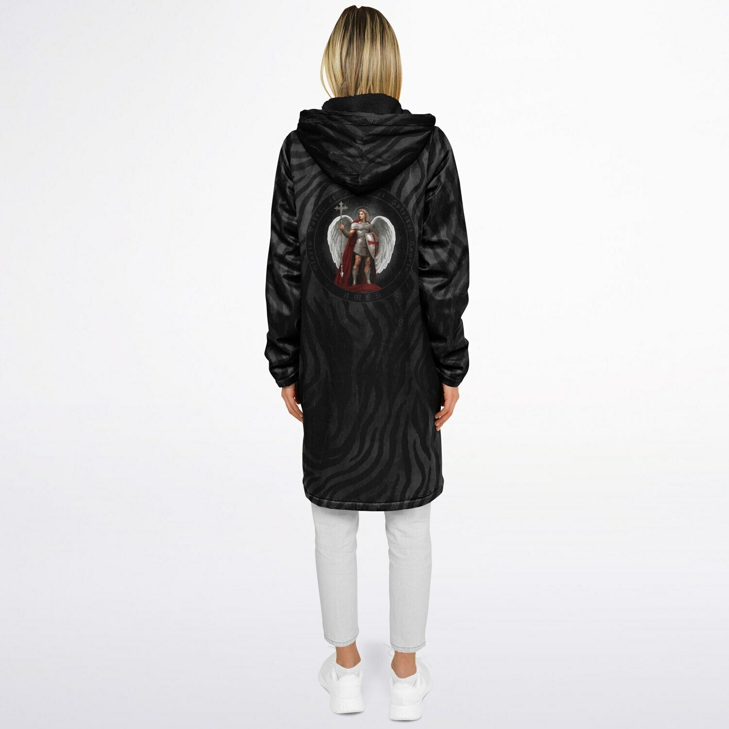 St. Michael the Archangel Victorious Zipper Microfleece Cloak (Black Platinum Stripe) - VENXARA®