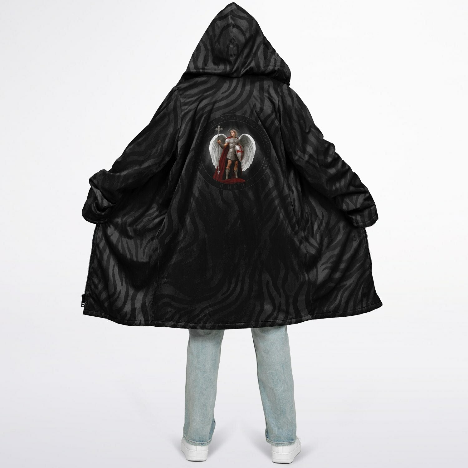 St. Michael the Archangel Victorious Zipper Microfleece Cloak (Black Platinum Stripe) - VENXARA®