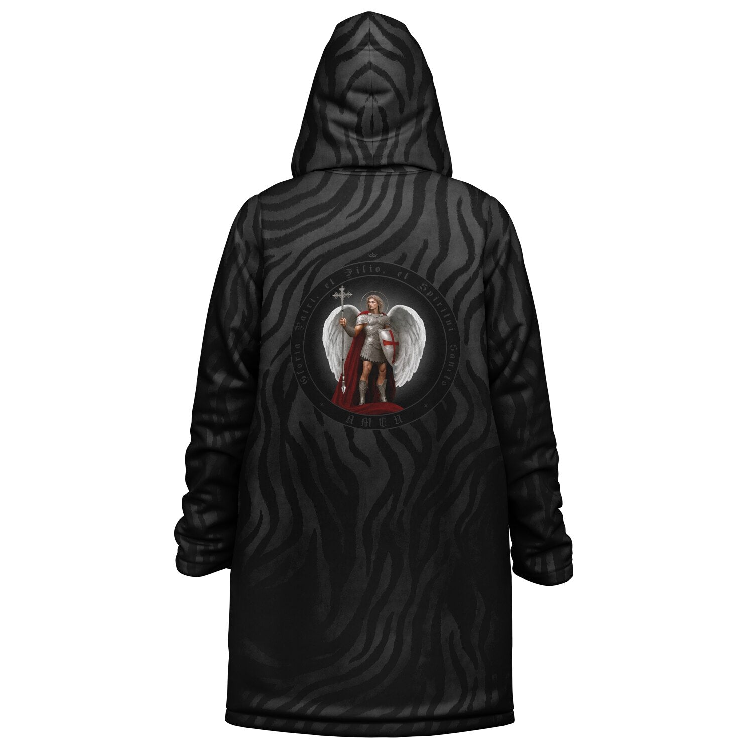 St. Michael the Archangel Victorious Zipper Microfleece Cloak (Black Platinum Stripe) - VENXARA®