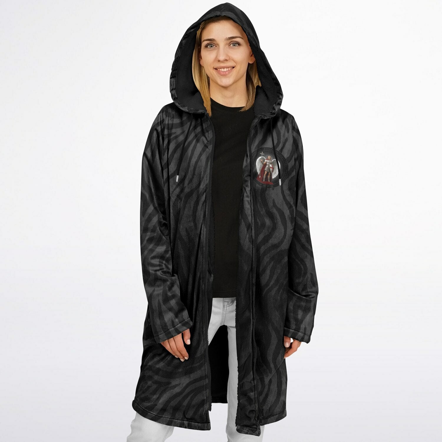 St. Michael the Archangel Victorious Zipper Microfleece Cloak (Black Platinum Stripe) - VENXARA®