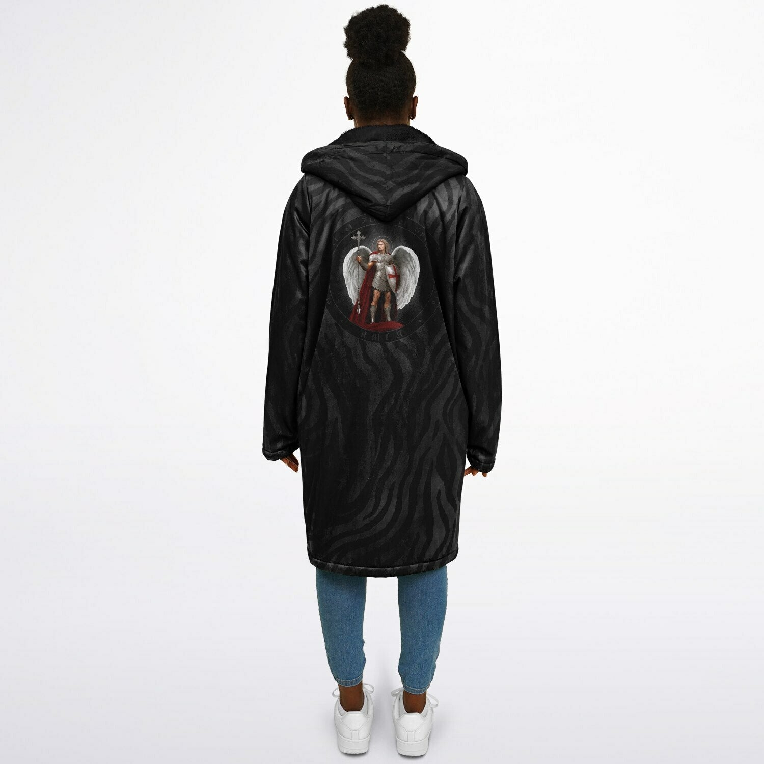 St. Michael the Archangel Victorious Zipper Microfleece Cloak (Black Platinum Stripe) - VENXARA®